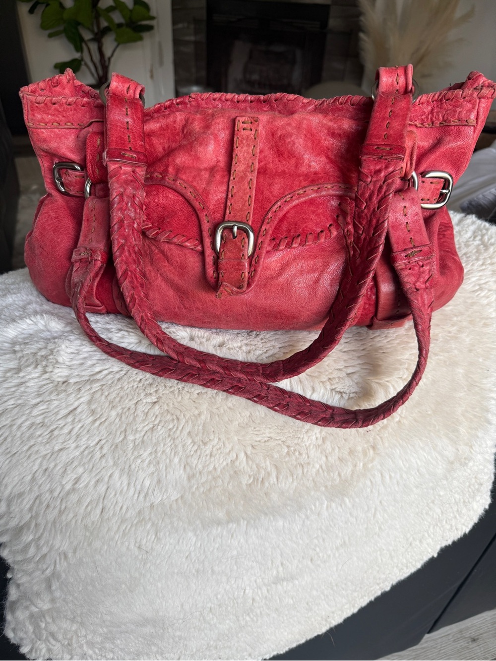 Braided Red Leather Shoulder Bag - Unbranded